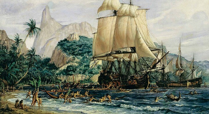 Los nativos dan la bienvenida a los barcos de Bougainville